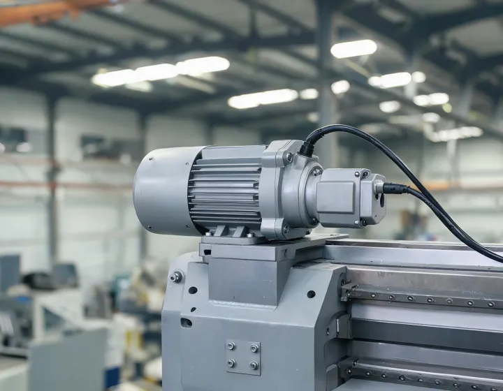 Flange-mount ac servo motor on a CNC axis with encoder cable and brake housing visible